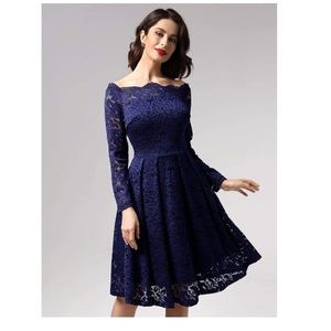 Women's Vintage Floral Lace Long Sleeve Boat Neck Cocktail Party Swing Dress